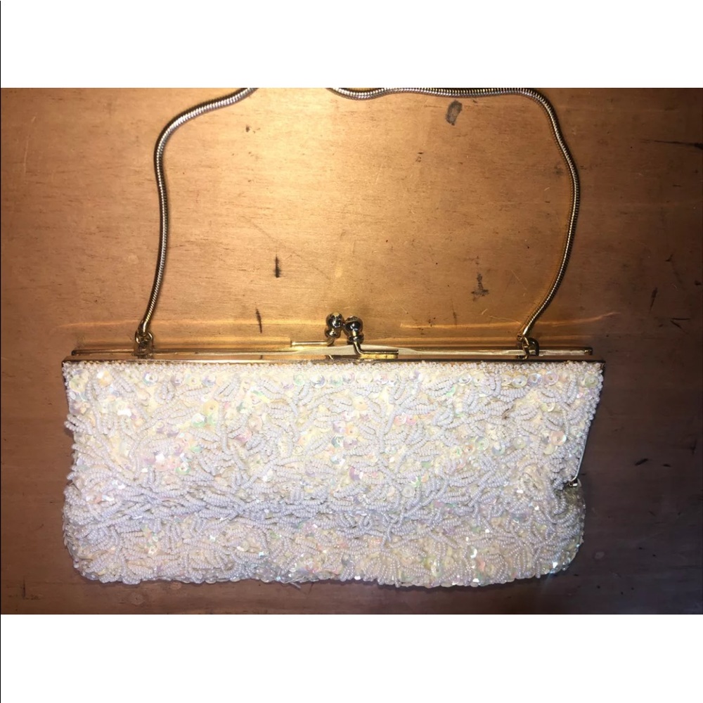 1950  Micro Hand Bead, Sequins&Pearls Clutch Bag. Made in Hong Kong snake chain